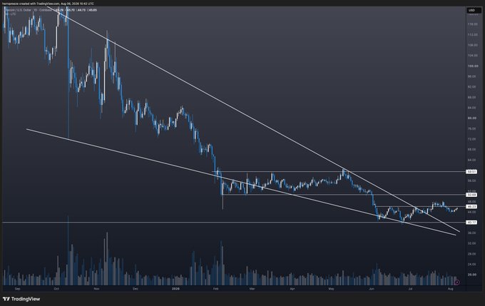 The image displays a TradingView chart of Binance's Litecoin (LTC) perpetual futures contract, featuring a descending channel pattern with two converging trendlines that the post suggests is poised for a significant breakout move of 30% or more. The chart shows LTC/USDT price action on the daily timeframe with a current price around $58.55, supporting the thesis of an imminent large directional move as the price compresses within the narrowing channel.