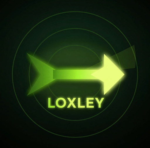 A glowing green double-headed arrow emblem resembling a radar or target reticle displays the name "LOXLEY" at its center, visually reinforcing the Robin Hood-themed crypto launch by evoking imagery of an archer's bow and aiming sight as the token's branding.