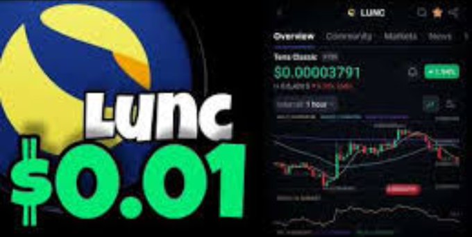A YouTube-style thumbnail shows 'Lunc' priced at $0.01 alongside a Terra Classic (LUNC) price chart displaying $0.00003791.
