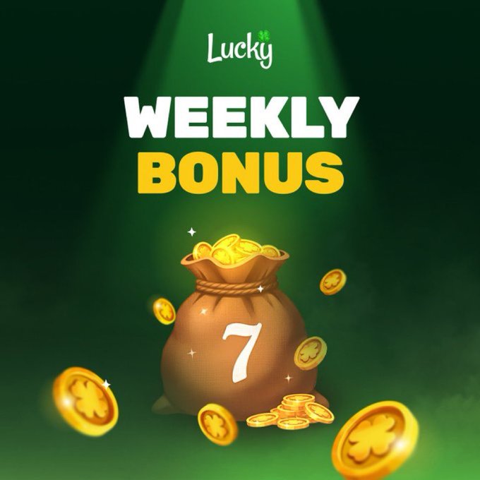 A promotional graphic featuring the "Lucky" logo and bold "WEEKLY BONUS" text above an illustration of a brown money sack marked with the number "7," overflowing with golden shamrock coins on a dark green background. The image visually reinforces the post's announcement that the weekly bonus is now live and available to redeem.