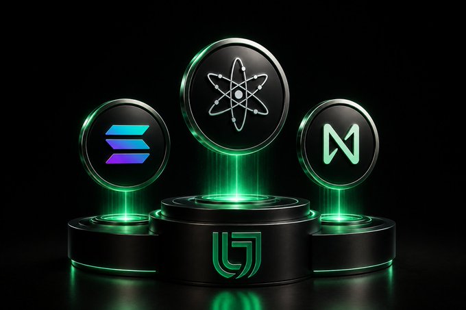 A futuristic 3D-rendered display features three glowing green pedestals showcasing circular tokens with the Solana ($SOL) logo, an atom symbol representing Cosmos ($ATOM), and the "N" emblem for NEAR Protocol ($NEAR), with a UnityWallet logo on the central base—visually reinforcing the message of staking these cryptocurrencies directly through the UnityWallet platform to earn passive rewards without idle downtime.