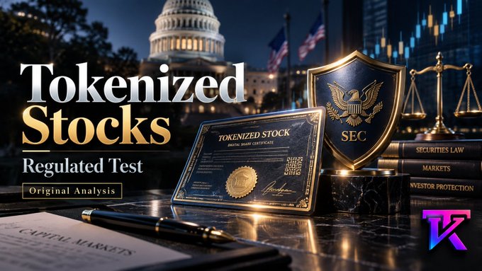 A thumbnail-style image titled "Tokenized Stocks Regulated Test Original Analysis," showing a stock certificate, the SEC shield, scales of justice, and the US Capitol building.
