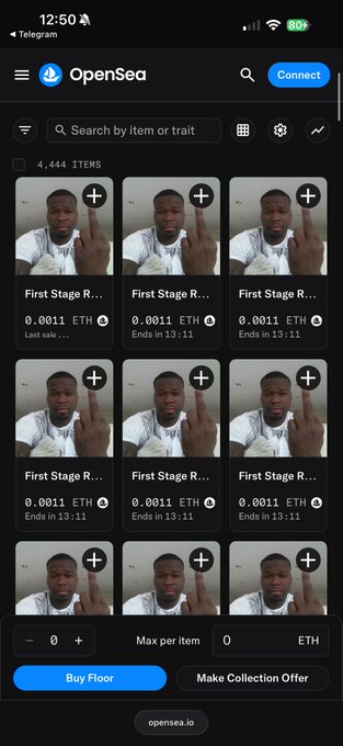 A mobile screenshot of OpenSea on Telegram shows a collection called 'First Stage R..' with 4,444 items, each priced at 0.0011 ETH and ending in 13:11.