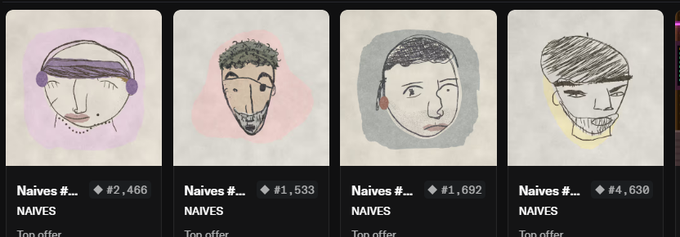 Four NFT listings titled 'Naives #' with prices shown in ETH ($2,466, $1,533, $1,692, and $4,630), each displaying a hand-drawn sketch portrait of a different person's face.