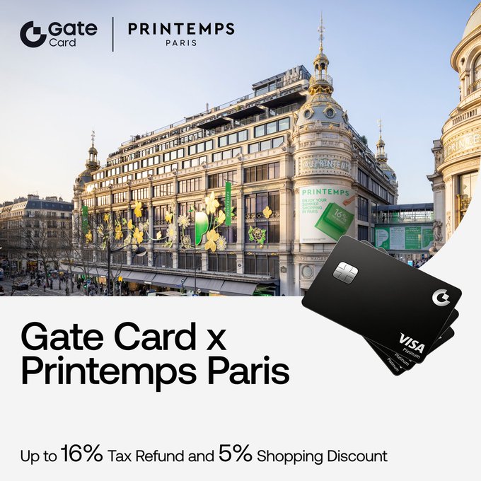 Promotional advertisement for 'Gate Card x Printemps Paris' featuring a photo of the Printemps department store in Paris and a black Visa payment card, offering up to 16% tax refund and 5% shopping discount.