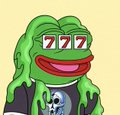 A Pepe the Frog meme with '777' shown on the eyes, wearing a black shirt with a skull design.