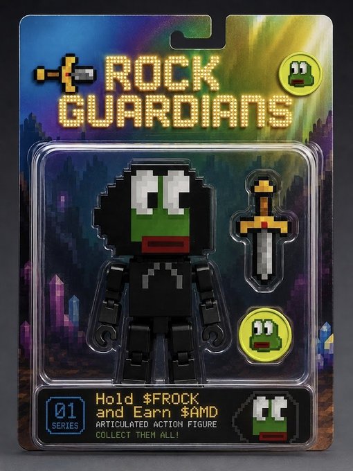 Packaging for a "ROCK GUARDIANS" action figure with pixel art styling, featuring a black and green character and a sword, with text reading "Hold $FROCK and Earn $AMD" and "01 SERIES".