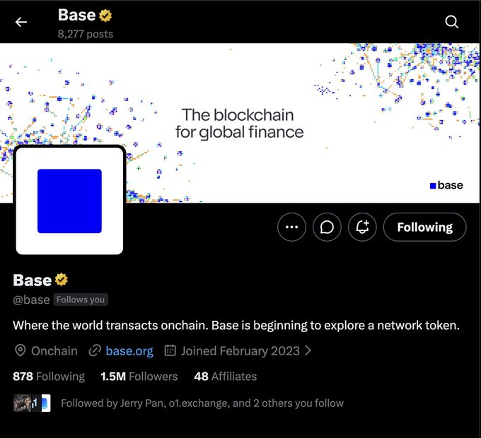 A Twitter/X profile page for "Base" (@base), a verified account with 1.5M followers, displaying the tagline "The blockchain for global finance" and noting their exploration of a network token, with the user currently following the account. The post suggests Base's recent follow of $BLUECHIP signals upcoming market movement on the Base blockchain network.