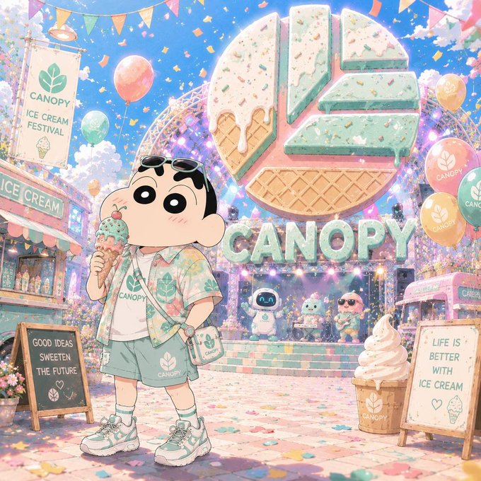A vibrant, colorful illustration of a cartoon character holding ice cream at the 'Canopy' Ice Cream Festival, surrounded by pastel decorations and festival stalls.