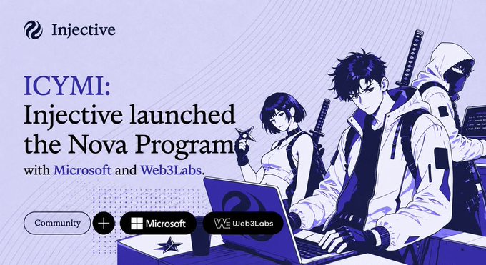 The image shows a poster featuring a blue background with a white and black illustration of three people working together at a table, using laptops. The main text on the poster reads "ICYMI: Injective launched the Nova Program with Microsoft and Web3 Labs". Another smaller text in the corner reads "A full pipeline from campus to production for the next generation of AI x Web3 builders." The bottom portion of the poster displays a button that says "Focus on what is on this page" which suggests that users should focus on the content of the image, such as the illustration and accompanying text.