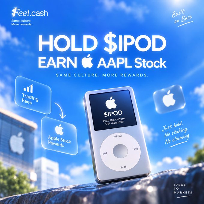 A promotional advertisement for 'feel.cash' featuring a silver iPod with the text 'HOLD $IPOD, EARN AAPL Stock' and 'Just hold. No staking. No claiming.'