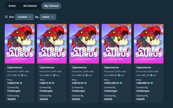 The image shows a "My Claimed" tab on what appears to be a gambling/challenges platform, displaying five "Cybersaurus" challenges all created by "Challenges" and claimed by user "Valdriti," with varying bet amounts ranging from CA$0.14 to CA$6.89 and prize pools from CA$262.56 to CA$4,885.44. This connects to the post about winning big on Paperclip Gaming and Stake, suggesting the user "Valdriti" is showcasing their multiple claimed challenges on the Paperclip platform as proof of their gambling success to promote the $500 giveaway.