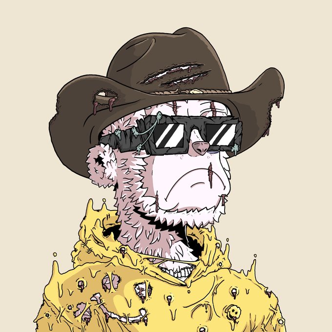 An illustration of a white furry monkey character wearing a tattered brown cowboy hat and black sunglasses, draped in a torn yellow garment resembling a poncho.