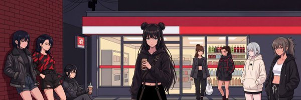 An anime-style scene shows several female characters in dark casual clothing standing outside a brightly lit storefront with a red awning at night.