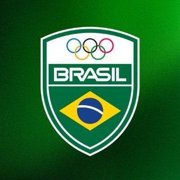 The image features a green shield with the word "Brasil" written in white letters at the top. Below this, there are two circles representing the Olympic rings, indicating that the image is related to the Brazilian Olympic Committee's partnership with the World Sports Foundation. The background of the image is a dark green color, which contrasts with the white and blue elements on the shield.