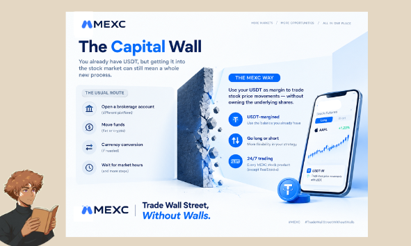 A MEXC cryptocurrency exchange promotional webpage titled "The Capital Wall" featuring the slogan "Trade Wall Street, Without Walls" alongside illustrations of a person reading and a smartphone displaying an USDT-margined trading chart.