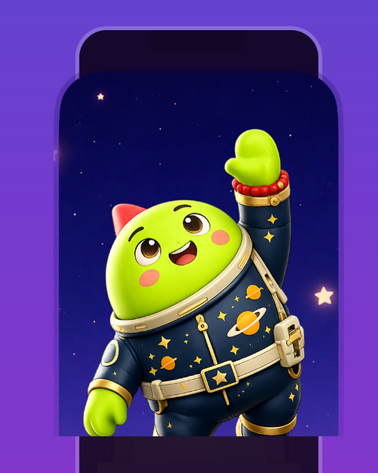 A 3D-rendered green cartoon character wearing a space-themed outfit with planets and stars, waving cheerfully against a starry purple background.