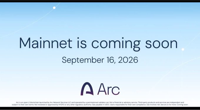 A promotional graphic with a light blue background reading 'Mainnet is coming soon' dated 'September 16, 2026' alongside the Arc logo, with a disclaimer noting Arc is an open L1 blockchain launched by Arc Network Services LLC.