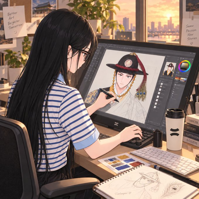 An anime-style illustration of a black-haired female artist with glasses working on a digital painting of a Korean traditional male figure in a gat hat at a sunlit studio desk, with sticky notes reading 'Better Art Brighter Tomorrow' and 'Same Passion New Stories.'