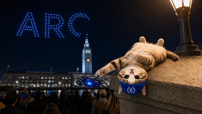 A digital composite shows a tabby cat wearing a blue dollar-sign bandana lounging on a ledge, with 'ARC' spelled out in drone lights in the night sky above San Francisco's Ferry Building.