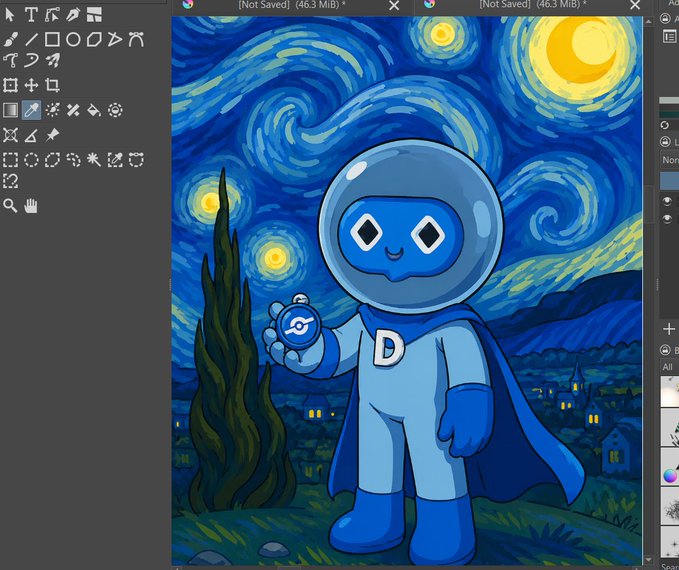 A digital artwork created in a painting software interface, depicting a cute blue cartoon character in a spacesuit with a 'D' on its chest and cape, holding a small robot, set against a Van Gogh 'Starry Night'-inspired background.