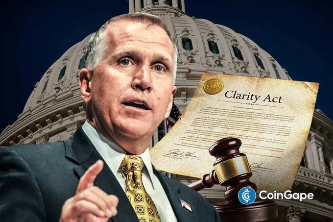 Senator John Thune is pictured alongside a gavel and the Clarity Act, set against the U.S. Capitol, reflecting post content about the crypto bill's uncertain Senate progress and Thune's failure to file a cloture motion.
