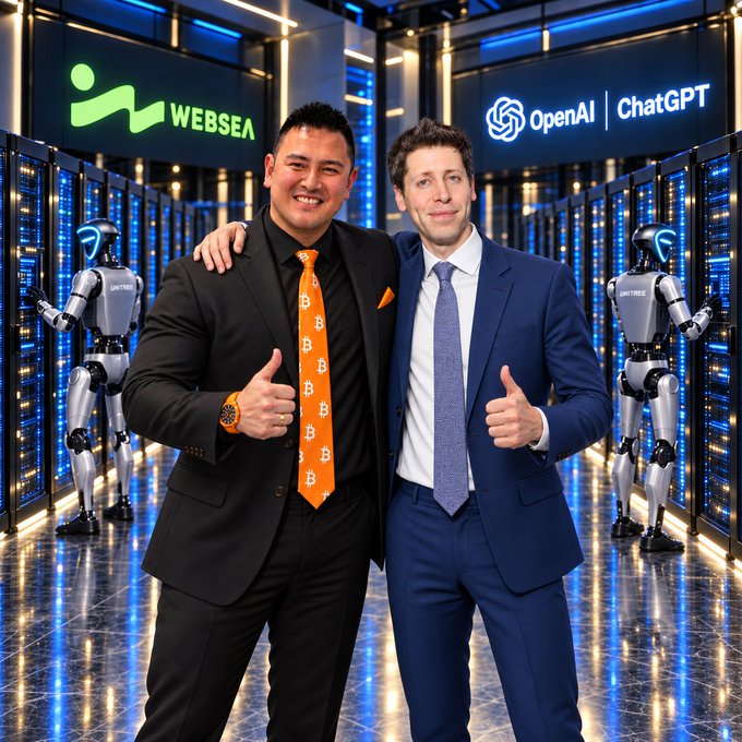 Two men in suits—one in black with a Bitcoin-patterned tie, the other in blue—give thumbs-up in a futuristic server room flanked by humanoid robots, with "WEBSEA" and "OpenAI | ChatGPT" logos displayed above, promoting the launch of $OPENAI TradFi perpetuals on the Websea platform.
