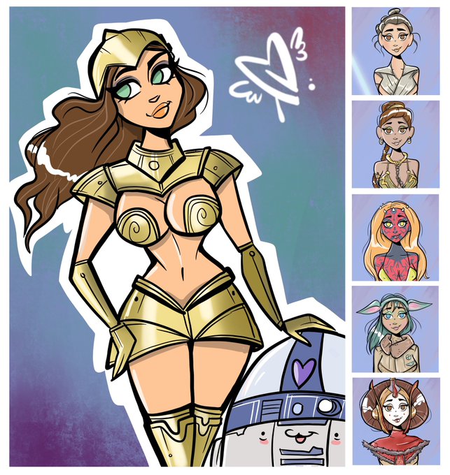 A digital illustration featuring a female character in gold armor alongside a small cat-like creature, with five smaller character portraits displayed on the right side.