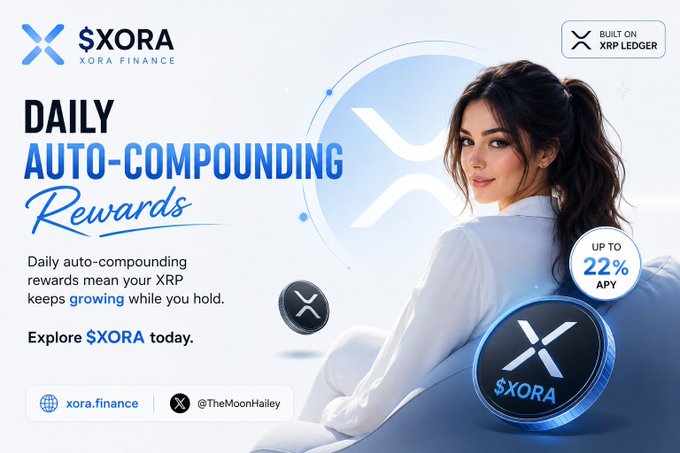 Promotional graphic for $XORA (Xora Finance) on the XRP Ledger, featuring a woman in white beside a glowing $XORA coin, advertising daily auto-compounding rewards of up to 22% APY and directing viewers to xora.finance.