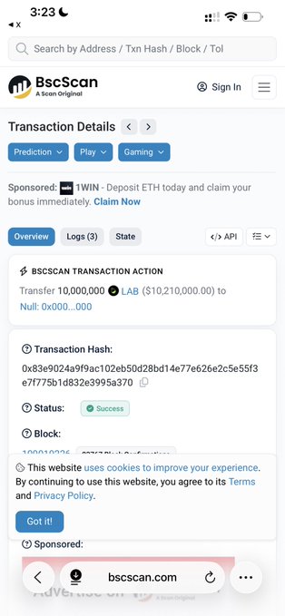 A BscScan transaction details page on mobile showing a successful transfer of 10,000,000 LAB ($10,210,000.00) to a null address (0x000...000) with the transaction hash 0x83e9024af99ac102eb50d28bd14e77e626e2c5e55f3e7f775b1d832e3995a370.