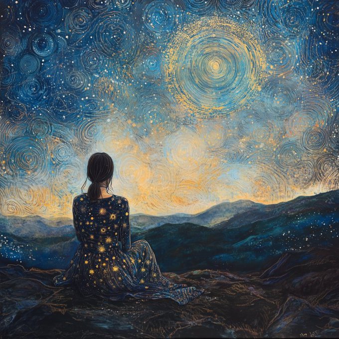 A painting in the style of Van Gogh's 'Starry Night' showing a woman in a starry dress sitting on a rocky outcrop, gazing at swirling celestial patterns over mountainous terrain.