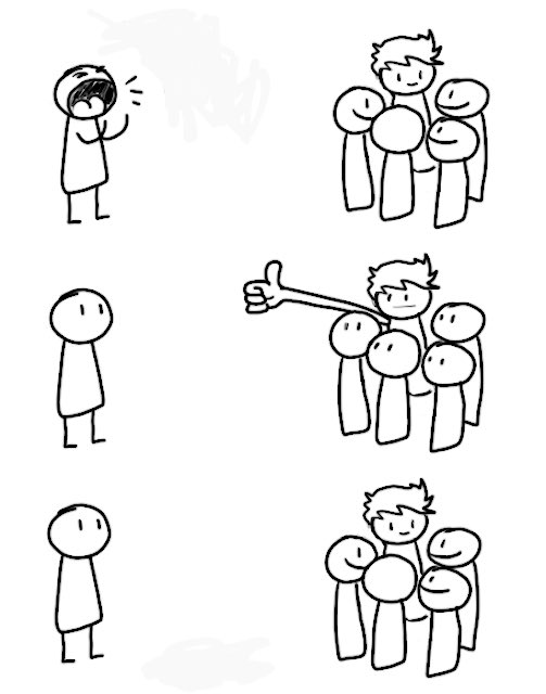A three-panel simple line drawing comic showing a person alone on the left and a group of friends on the right, with the middle panel depicting one figure extending a long arm to greet the solitary person.
