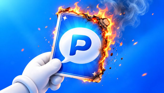 A white-gloved hand holds a burning PayPal card against a blue background, with flames consuming the right side of the card.