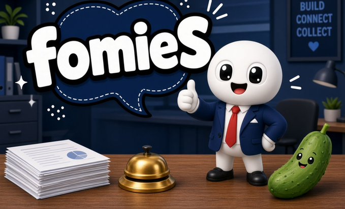 The image displays a cheerful white cartoon character in a blue suit and red tie giving a thumbs-up beside a smiling pickle, with a stack of paperwork, a brass service bell, and a speech bubble reading "fomies" in a cartoon office setting. A poster in the background reads "BUILD CONNECT COLLECT," tying into the post's satirical description of Fomies NFT's chaotic, bureaucratic minting experience on Solana.
