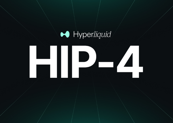 The image displays "Hyperliquid HIP-4" in bold white text against a dark teal background, with the Hyperliquid logo above. This visually highlights the HIP-4 upgrade, which the accompanying post explains will enable developers to build permissionless prediction markets through a 500K $HYPE stake requirement.
