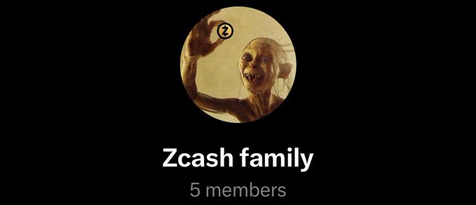 A profile-style screenshot shows the "Zcash family" group with 5 members, featuring a creepy Gollum-like figure holding up two fingers. The caption celebrates reaching 25 members but humorously contradicts the image, which still displays the earlier count of 5.