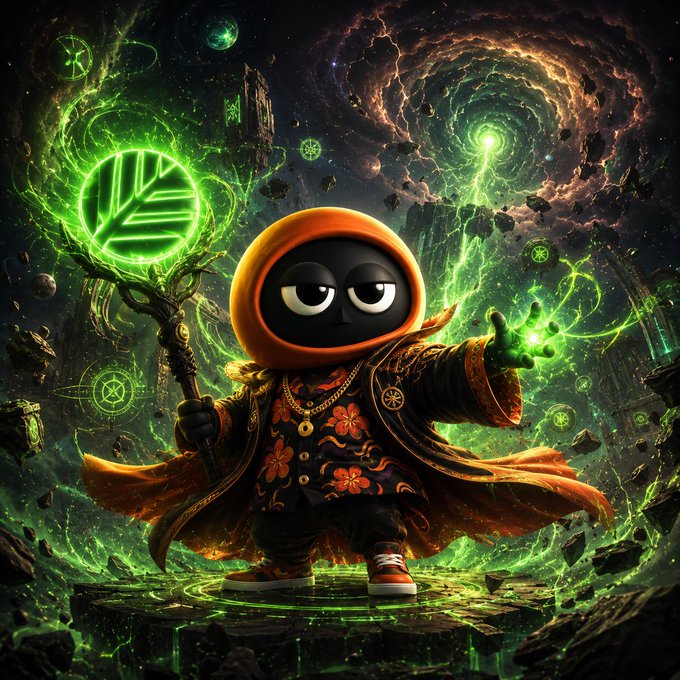 A hooded figure with a stoic expression wields a glowing green staff and channels emerald energy amid a swirling cosmic vortex, symbolizing the mystical launch power and otherworldly potential of CNPY Network in the crypto space.