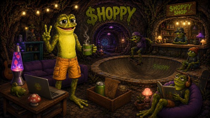 An illustrated scene of a frog-themed shop labeled "$HOPPY SHOP" featuring frog characters hanging out in a cozy lounge area with a hot tub, drinks, a laptop, and a skateboard.