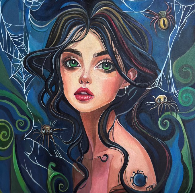 A stylized painted portrait of a green-eyed woman with flowing dark hair, surrounded by spider webs and cartoonish spiders against a swirling blue and green background.
