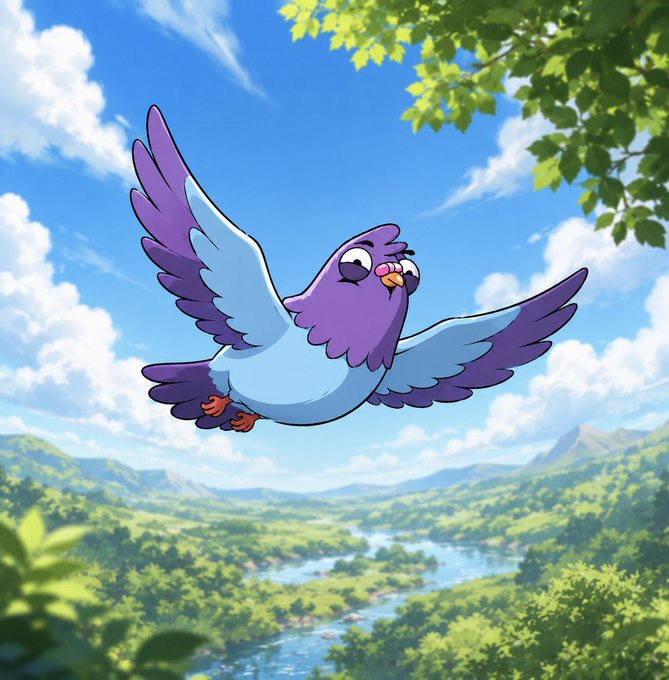A cartoon illustration of a cheerful purple and blue bird flying with outstretched wings over a green valley landscape under a bright blue sky.