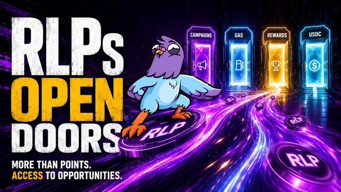 A purple cartoon bird stands on glowing purple pathways leading to four neon-lit doorways labeled "CAMPAIGNS," "GAS," "REWARDS," and "USDC," with the bold text "RLPs OPEN DOORS — MORE THAN POINTS. ACCESS TO OPPORTUNITIES." reinforcing the post's message that RLPs function as keys unlocking real ecosystem utilities rather than mere points.