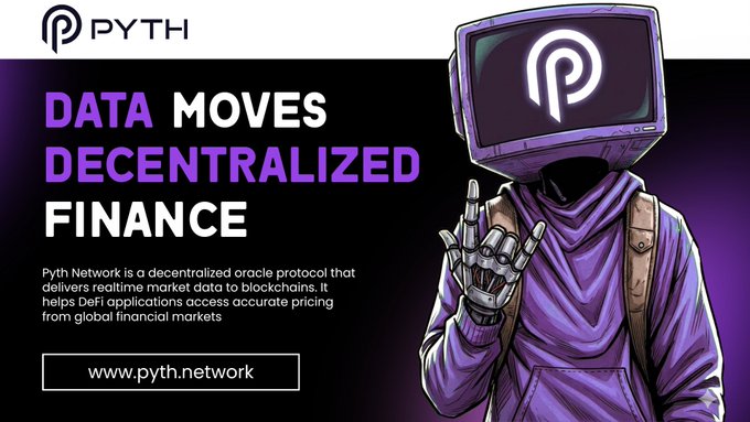 urn of a purple robot with arms and legs, holding a backpack, stands against a black background with the text "Data Moves Decentralized Finance" above it.