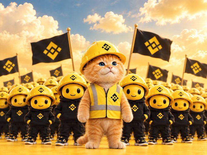 A fluffy orange cat wearing a yellow hard hat and construction vest stands at the center of a massive army of identical smiling builder figurines, all emblazoned with the Binance logo against a backdrop of waving Binance flags under a golden sky—perfectly capturing the post's "builder season" theme of a growing Binance community building their futures together.