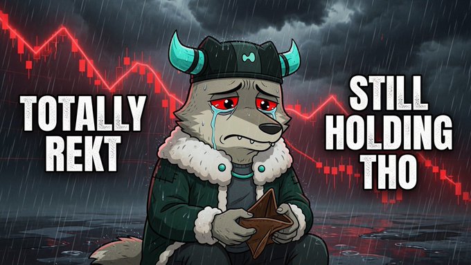 A crying wolf character wearing a horned hat sits holding a star amid a stormy red downward-trending chart, with bold text reading "TOTALLY REKT" and "STILL HOLDING THO," visually humorously capturing the post's message about holding devalued NFTs that once cost $500 but now are worth around $3.