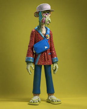 A stylized 3D-rendered zombie-like figure stands against a yellow background, wearing a baseball cap, a red patterned shirt, blue jeans, and sandals, while carrying a blue fanny pack.