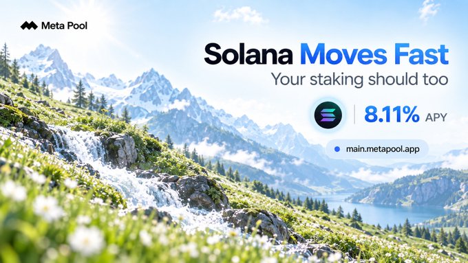 Meta Pool advertisement featuring a mountain landscape with text 'Solana Moves Fast - Your staking should too' promoting 8.11% APY at main.metapool.app.
