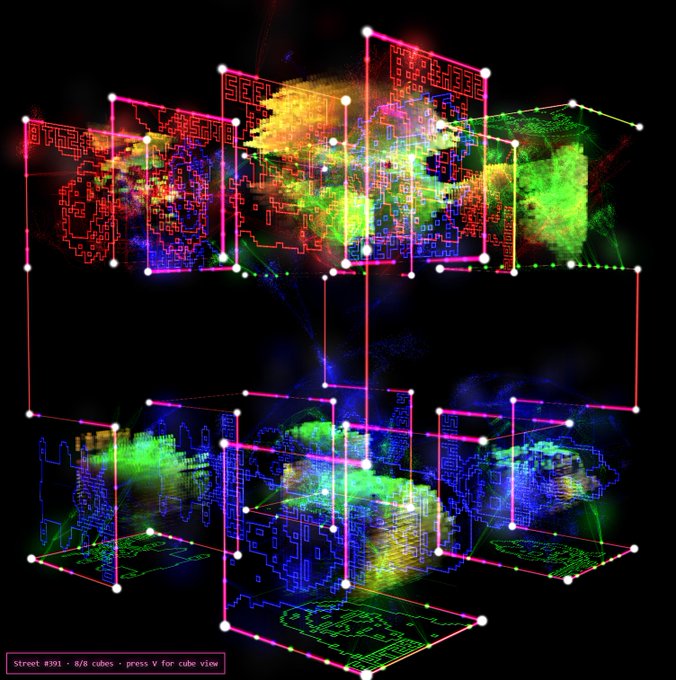An abstract digital artwork displaying wireframe cubes in red and green with pixelated textures, labeled 'Street #391 - R/B cubes - press V for cube view' in the bottom left corner.