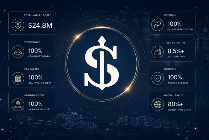 Promotional graphic for a cryptocurrency project showing $24.8M Total Value Locked, 100% community-driven governance, RWA backed, maritime/shipping industry focus, 100% on-chain infrastructure, 8.5%+ estimated APY yield, 100% audited & secure, and 80%+ of world trade by sea, centered around a stylized dollar-sign logo.