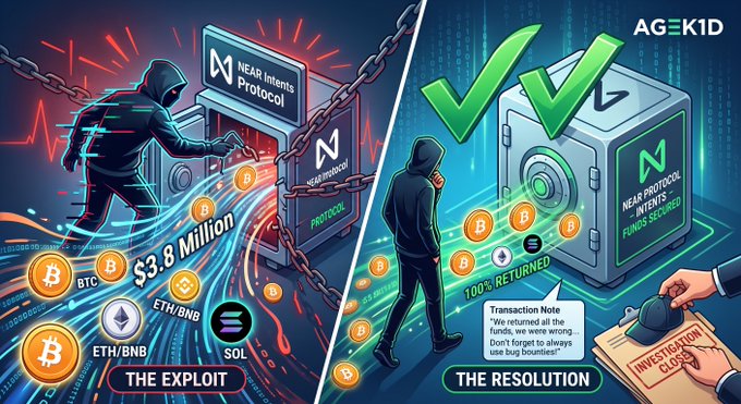 A graphic by AGEK1D depicting the resolution of a Near Intents Protocol exploit, showing $3.8 million in stolen BTC, ETH/BNB, and SOL on the left and the resolution with 100% of funds returned on the right.