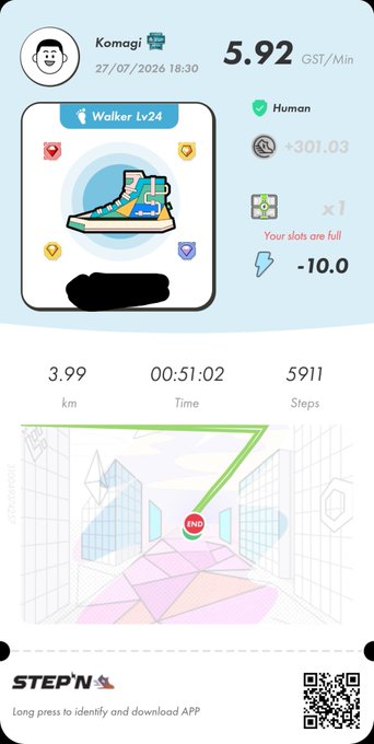 A STEPN app screenshot showing a Walker Lv24 sneaker NFT with earnings of 5.92 GMT/Min, tracking 3.99 km over 51:02 with 5911 steps.